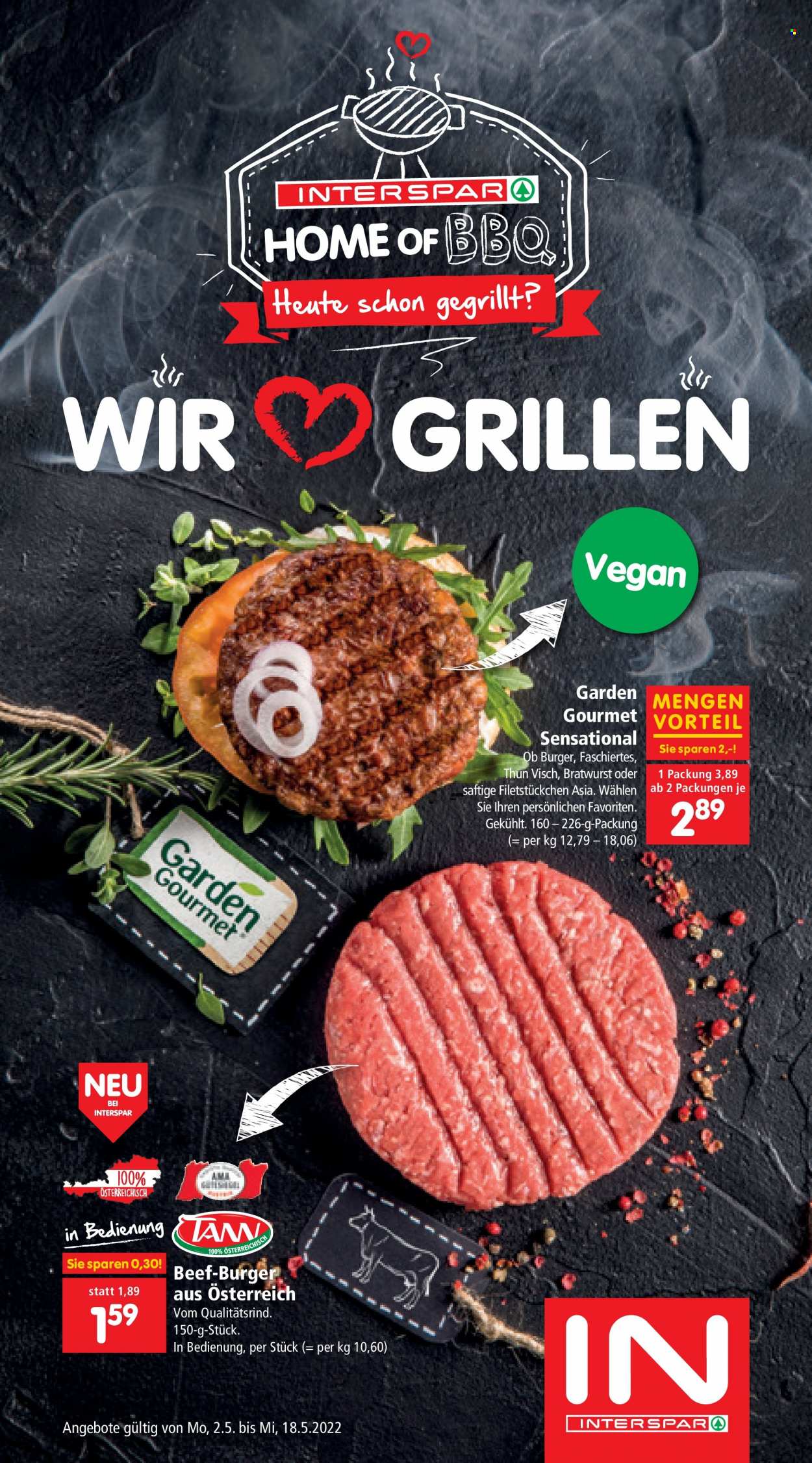 Angebote INTERSPAR - 2.5.2022 - 18.5.2022 - Verkaufsprodukte - Rinderfaschiertes, Rindfleischburger, Hamburger, fertiges Essen, Bratwurst. Seite 1.