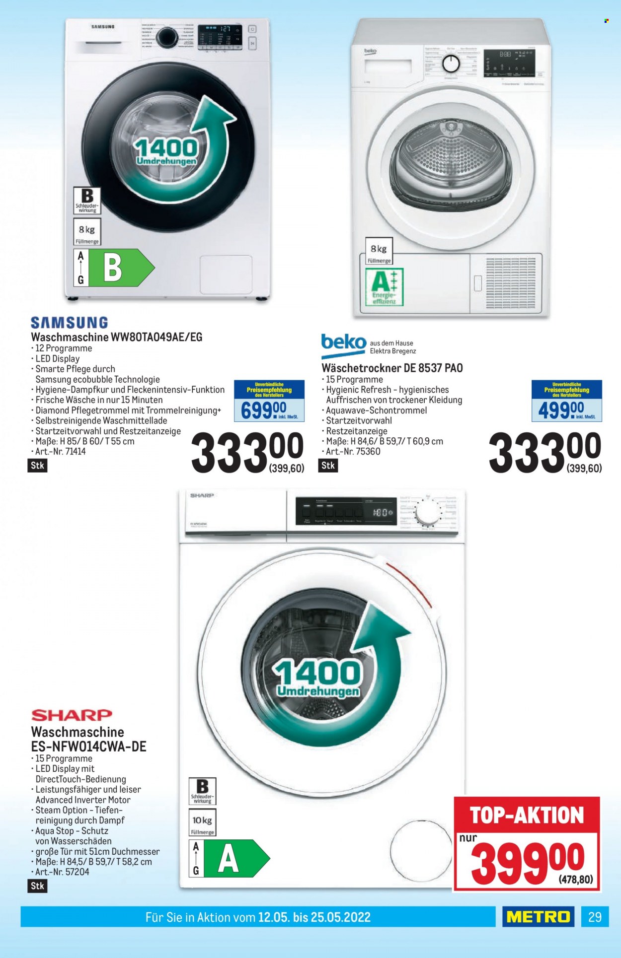 Angebote Metro - 12.5.2022 - 25.5.2022 - Verkaufsprodukte - Samsung, Wäscheschirm, Waschmaschine, Ecobubble. Seite 29.