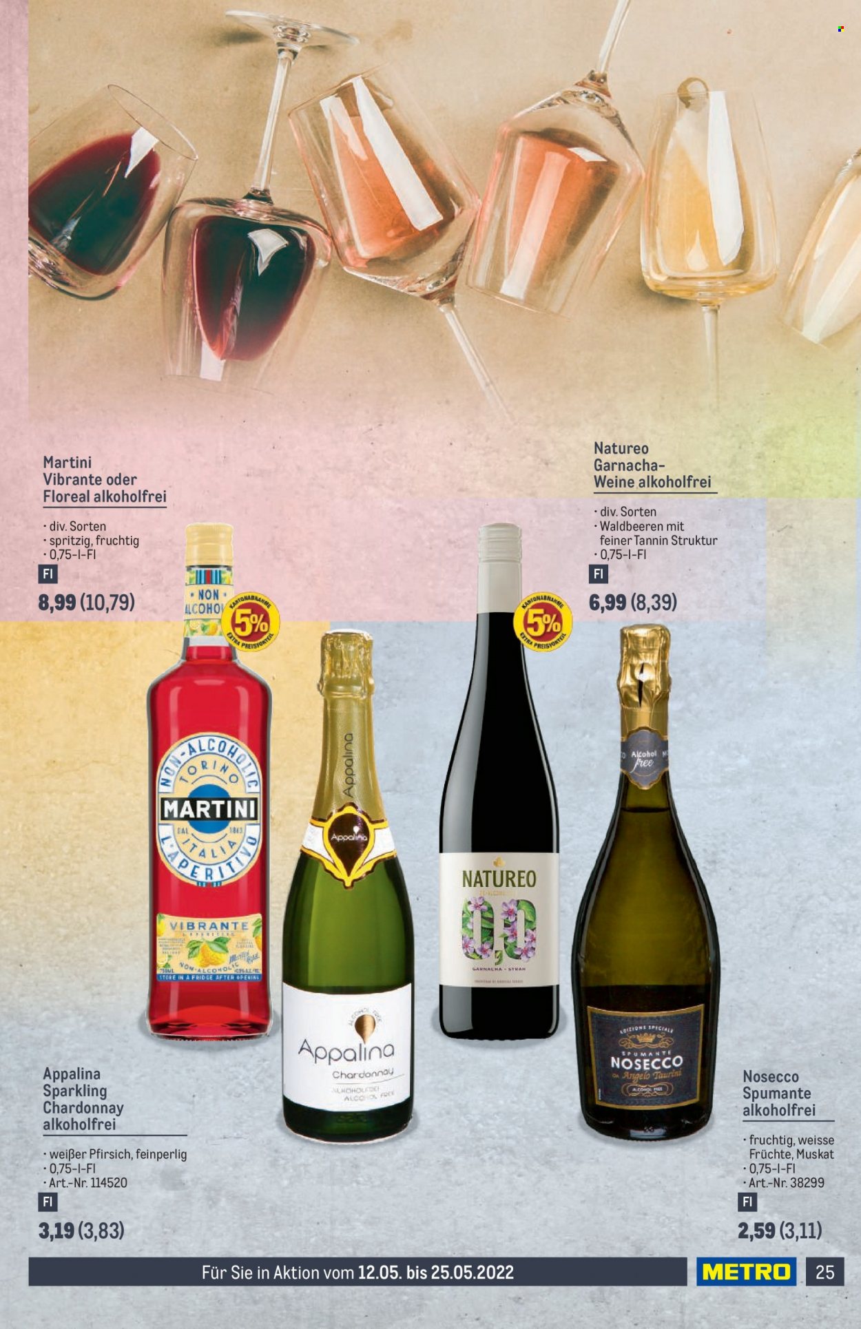 Angebote Metro - 12.5.2022 - 25.5.2022 - Verkaufsprodukte - Früchte, Wein, Vino Spumante, Chardonnay, Alkohol, Martini, Aperitif. Seite 25.