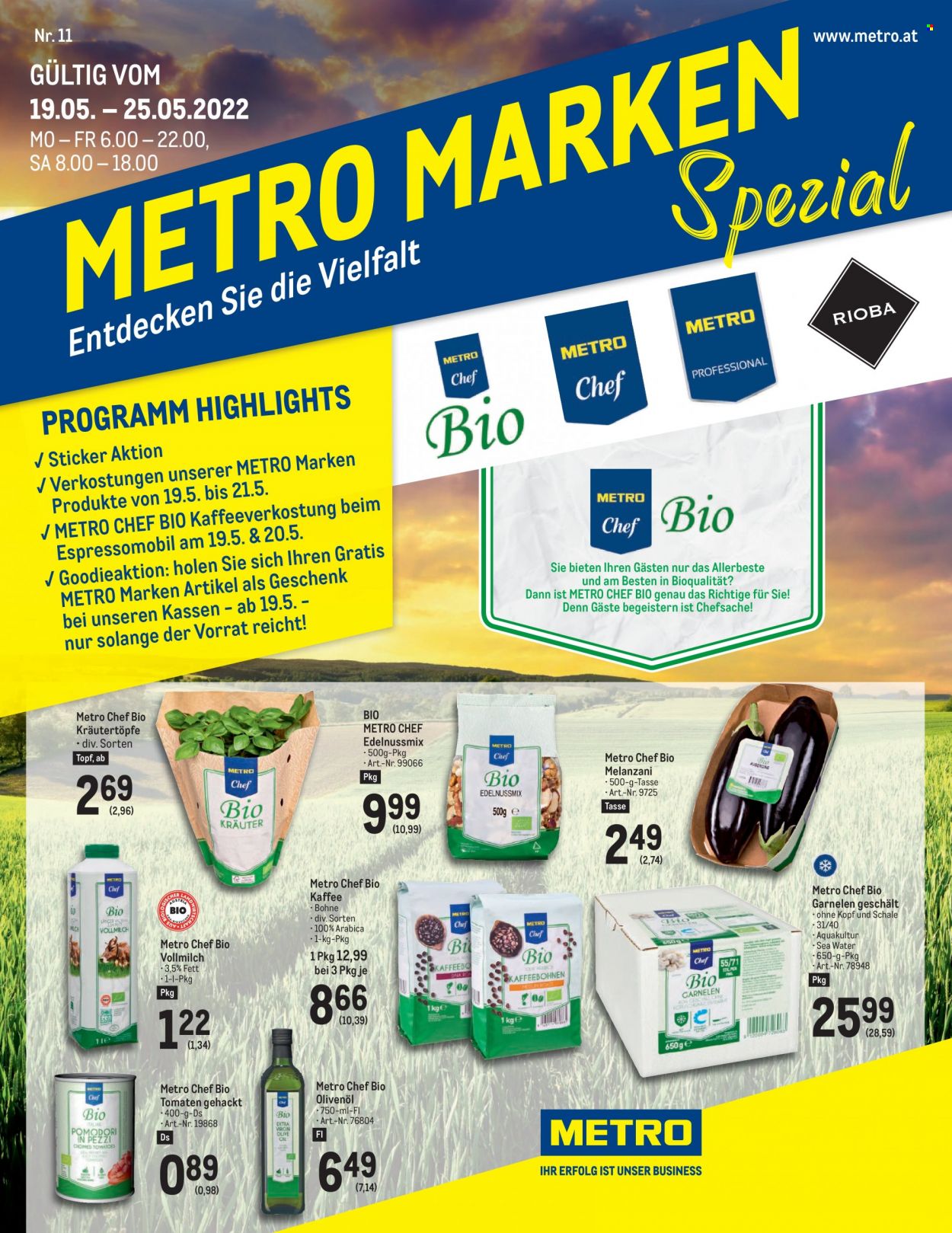Angebote Metro - 19.5.2022 - 25.5.2022 - Verkaufsprodukte - Tomaten, Melanzani, Garnelen, Milch, Vollmilch, Oliven öl, Öl, Kaffee, Tasse, Aufkleber. Seite 1.