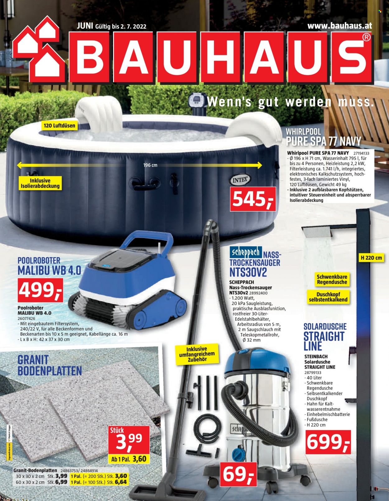 Angebote Bauhaus - 1.6.2022 - 2.7.2022 - Verkaufsprodukte - Trockensauger, bodenplatte, Whirlpool, Gartendusche. Seite 1.