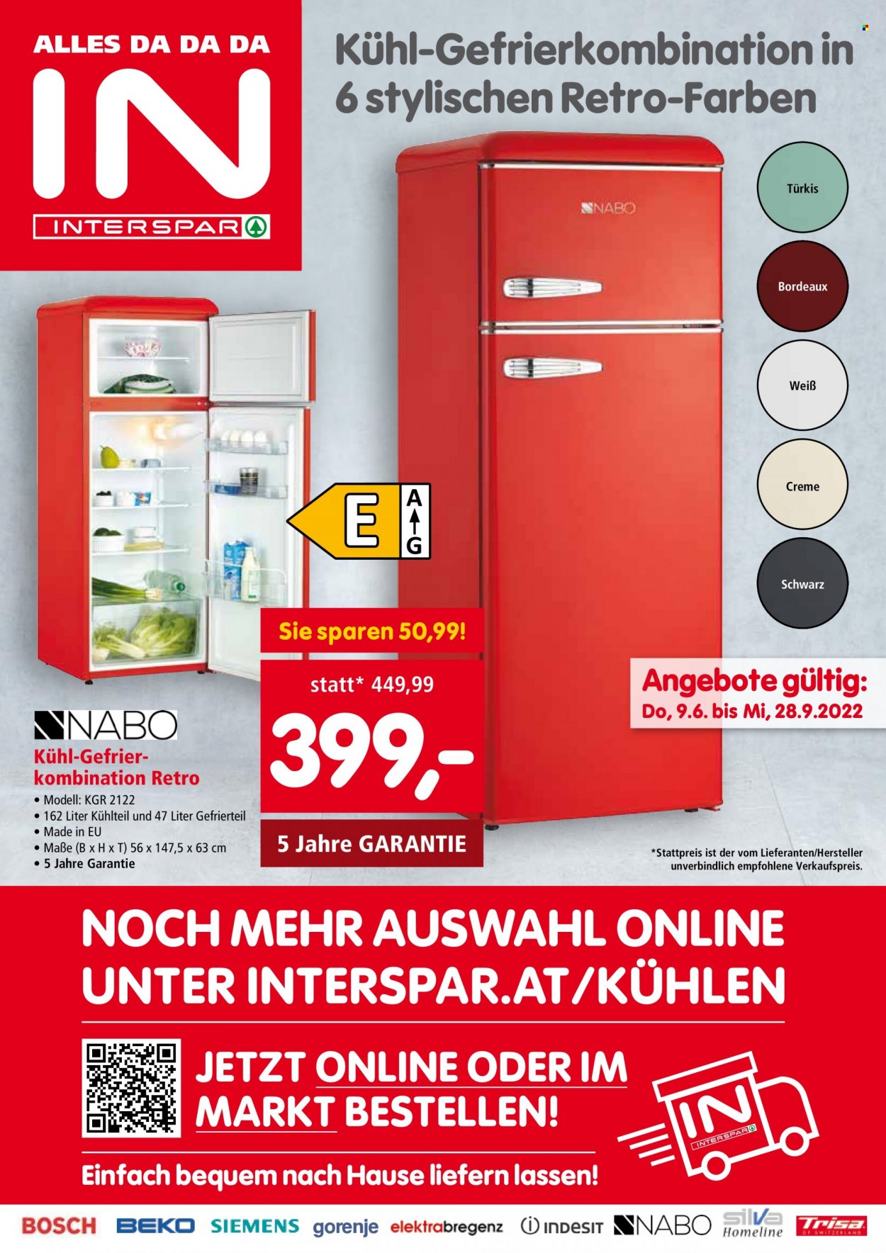 Angebote INTERSPAR - 9.6.2022 - 28.9.2022 - Verkaufsprodukte - Bosch, Gorenje, Beko, Indesit, Siemens, Kühl Gefrier Kombi. Seite 1.