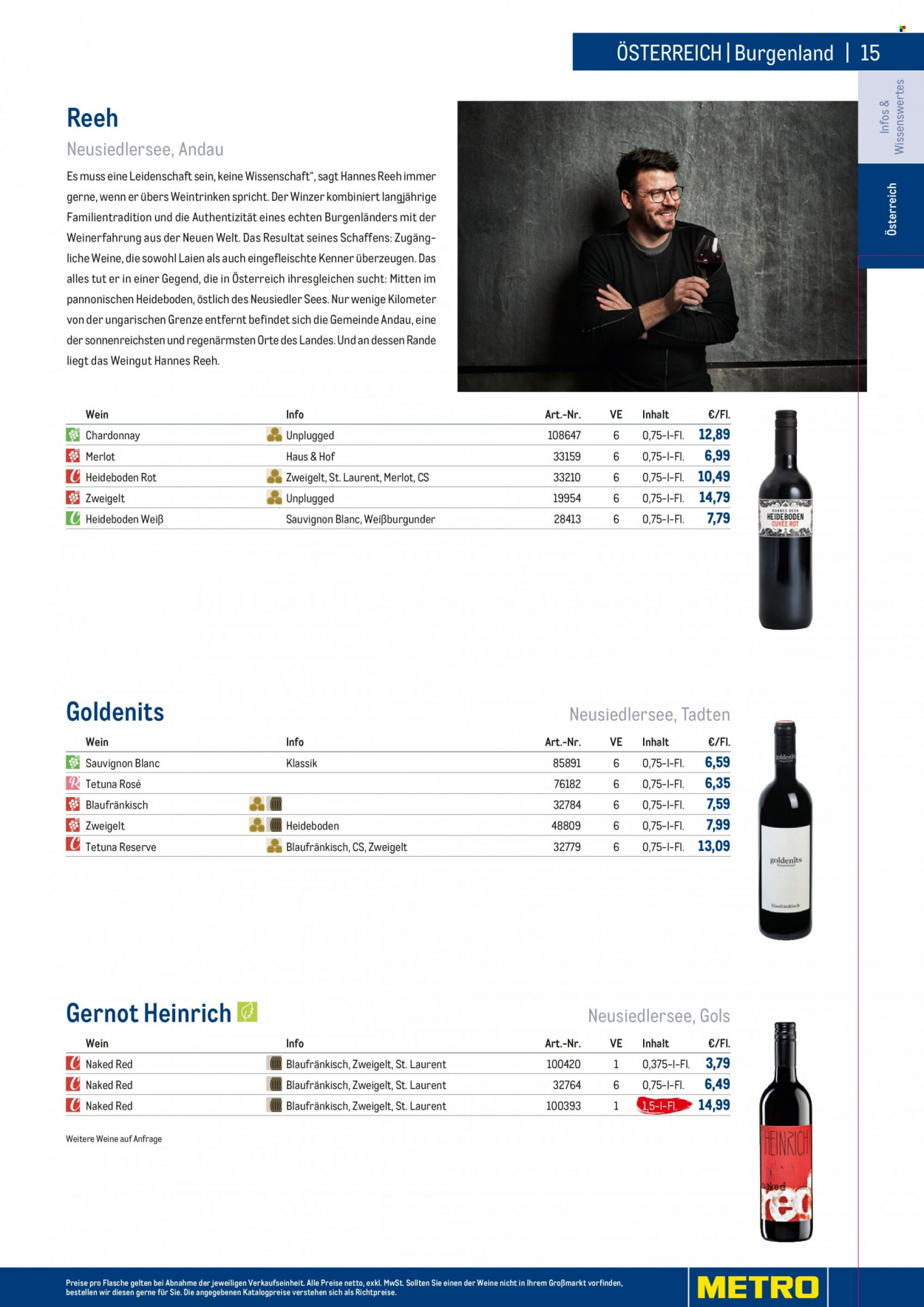 Angebote Metro - 7.9.2022 - 30.4.2023 - Verkaufsprodukte - Wein, Merlot, Chardonnay, Weißwein, Zweigelt, Alkohol, Sauvignon Blanc, Weißburgunder. Seite 15.