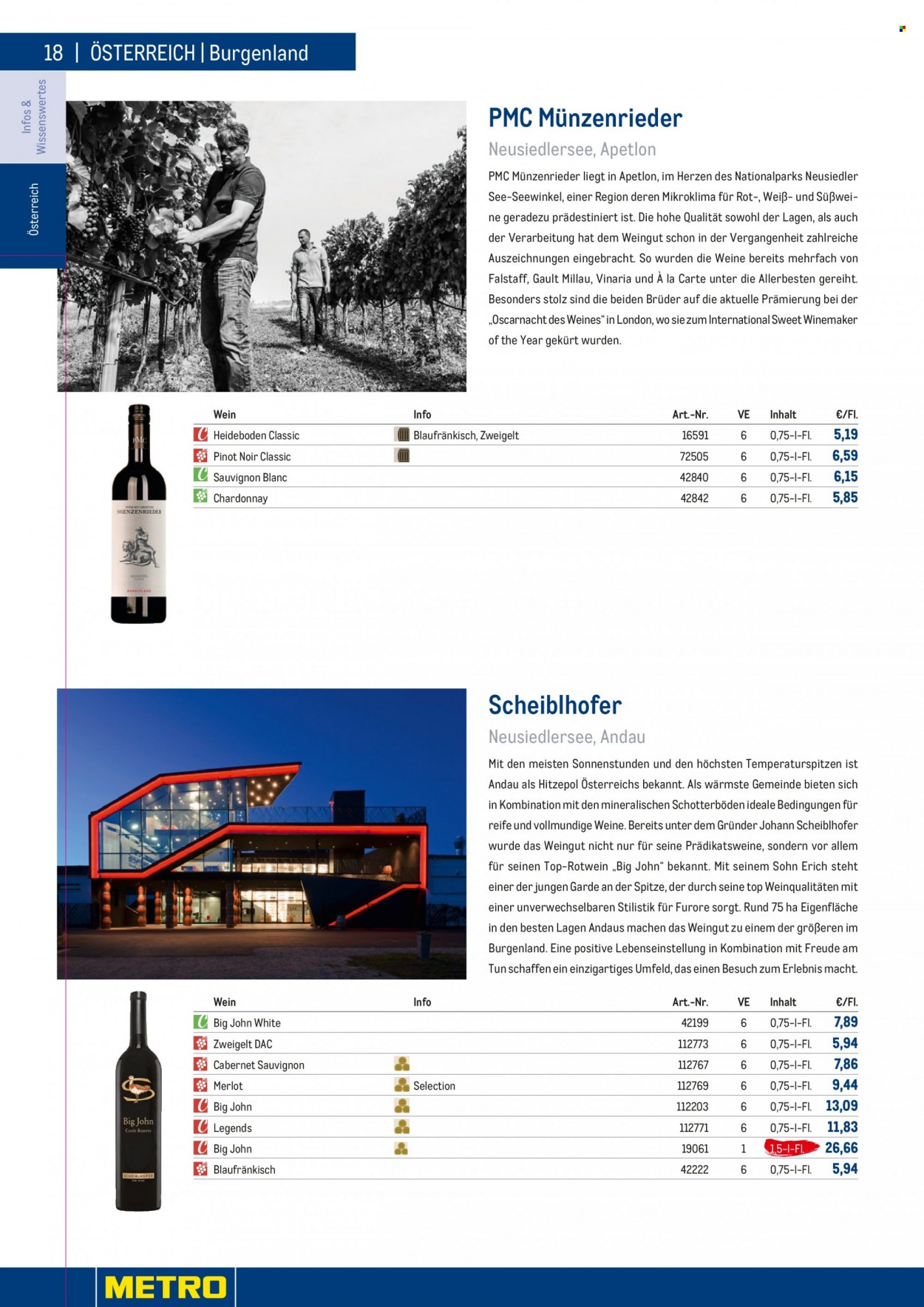Angebote Metro - 7.9.2022 - 30.4.2023 - Verkaufsprodukte - Wein, Cabernet Sauvignon, Spätburgunder, Rotwein, Merlot, Chardonnay, Weißwein, Zweigelt, Alkohol, Sauvignon Blanc, Pinot Noir. Seite 18.