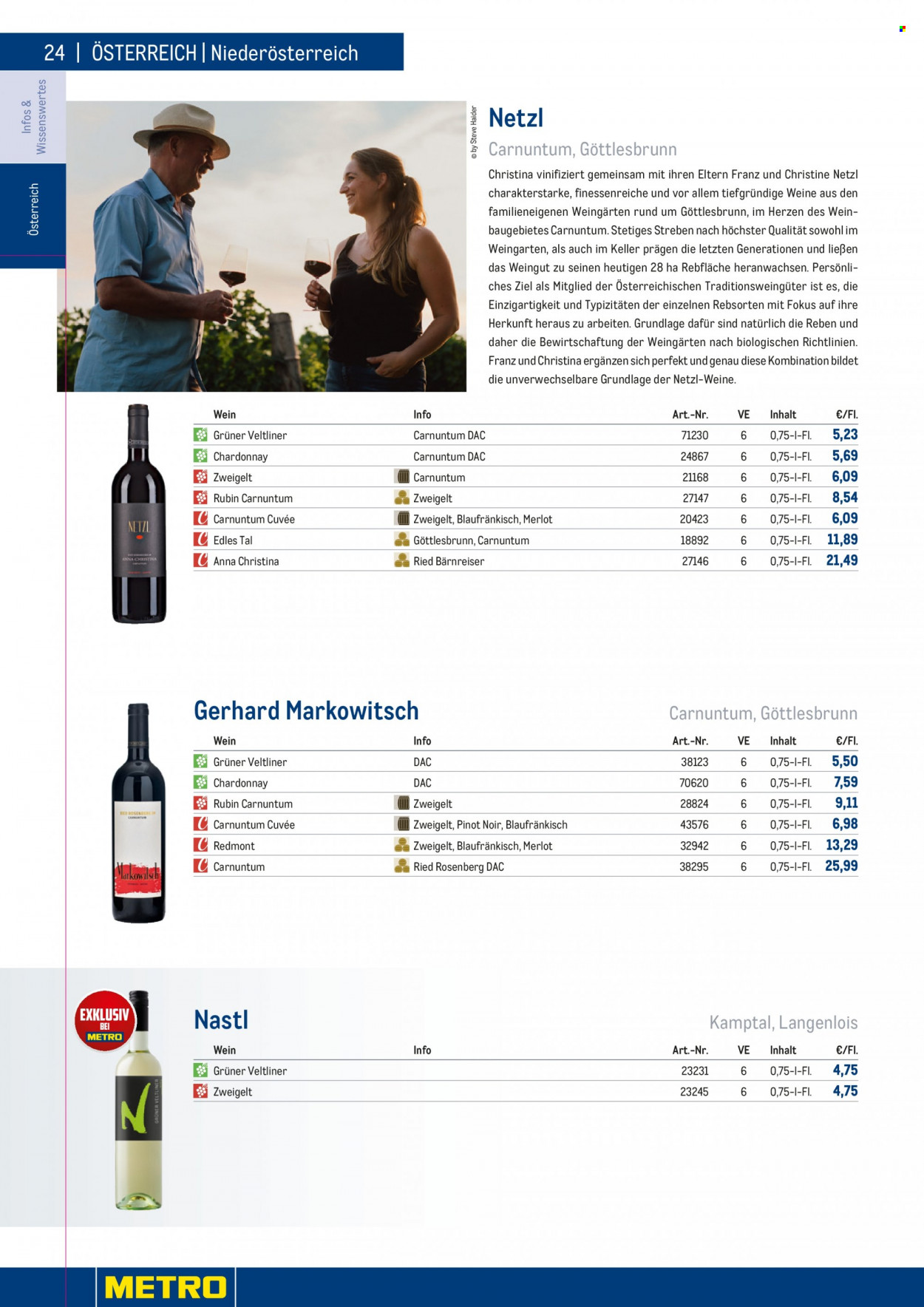 Angebote Metro - 7.9.2022 - 30.4.2023 - Verkaufsprodukte - Wein, Spätburgunder, Merlot, Chardonnay, Weißwein, Zweigelt, Grüner Veltliner, Alkohol, Pinot Noir, Rubin. Seite 24.