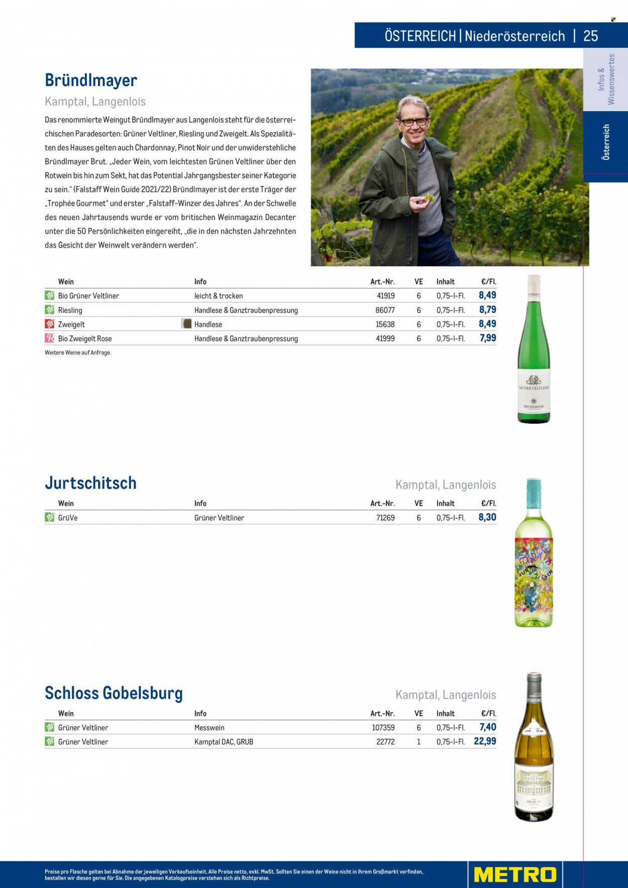 Angebote Metro - 7.9.2022 - 30.4.2023 - Verkaufsprodukte - Wein, Sekt, Spätburgunder, Riesling, Rotwein, Chardonnay, Weißwein, Zweigelt, Grüner Veltliner, Alkohol, Pinot Noir. Seite 25.