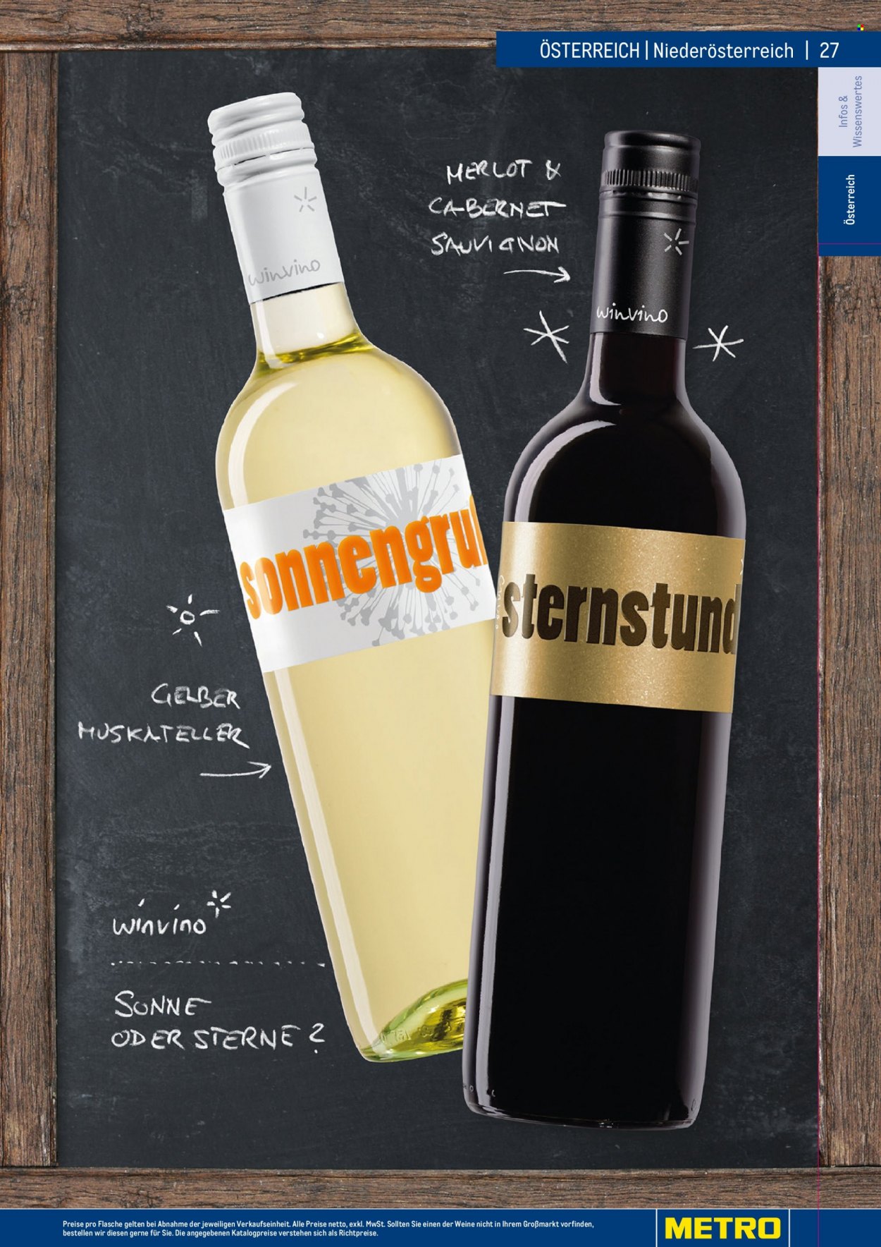 Angebote Metro - 7.9.2022 - 30.4.2023 - Verkaufsprodukte - Wein, Cabernet Sauvignon, Merlot, Alkohol, Gelber Muskateller. Seite 27.