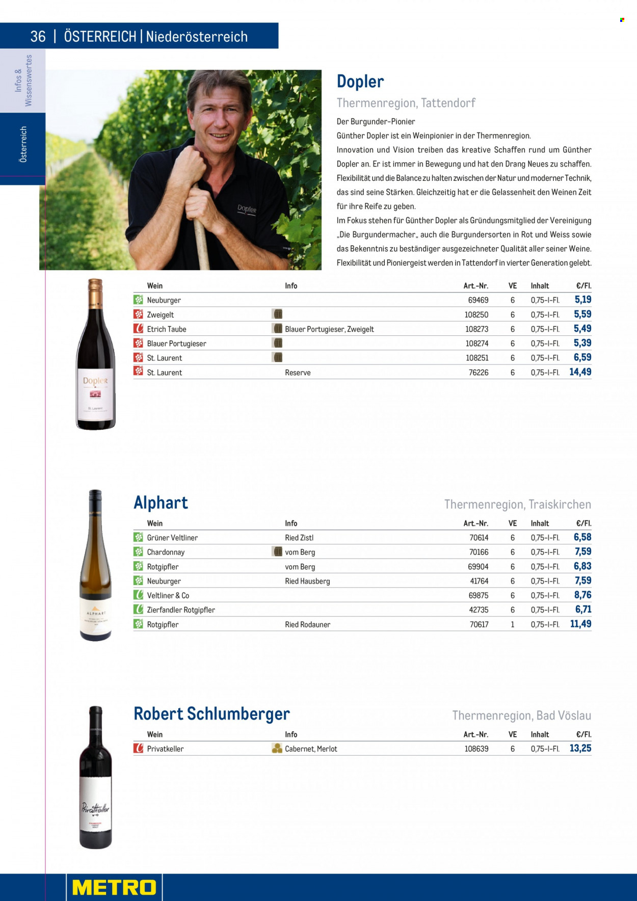 Angebote Metro - 7.9.2022 - 30.4.2023 - Verkaufsprodukte - Neuburger, Wein, Merlot, Chardonnay, Weißwein, Burgunder, Zweigelt, Grüner Veltliner, Alkohol. Seite 36.