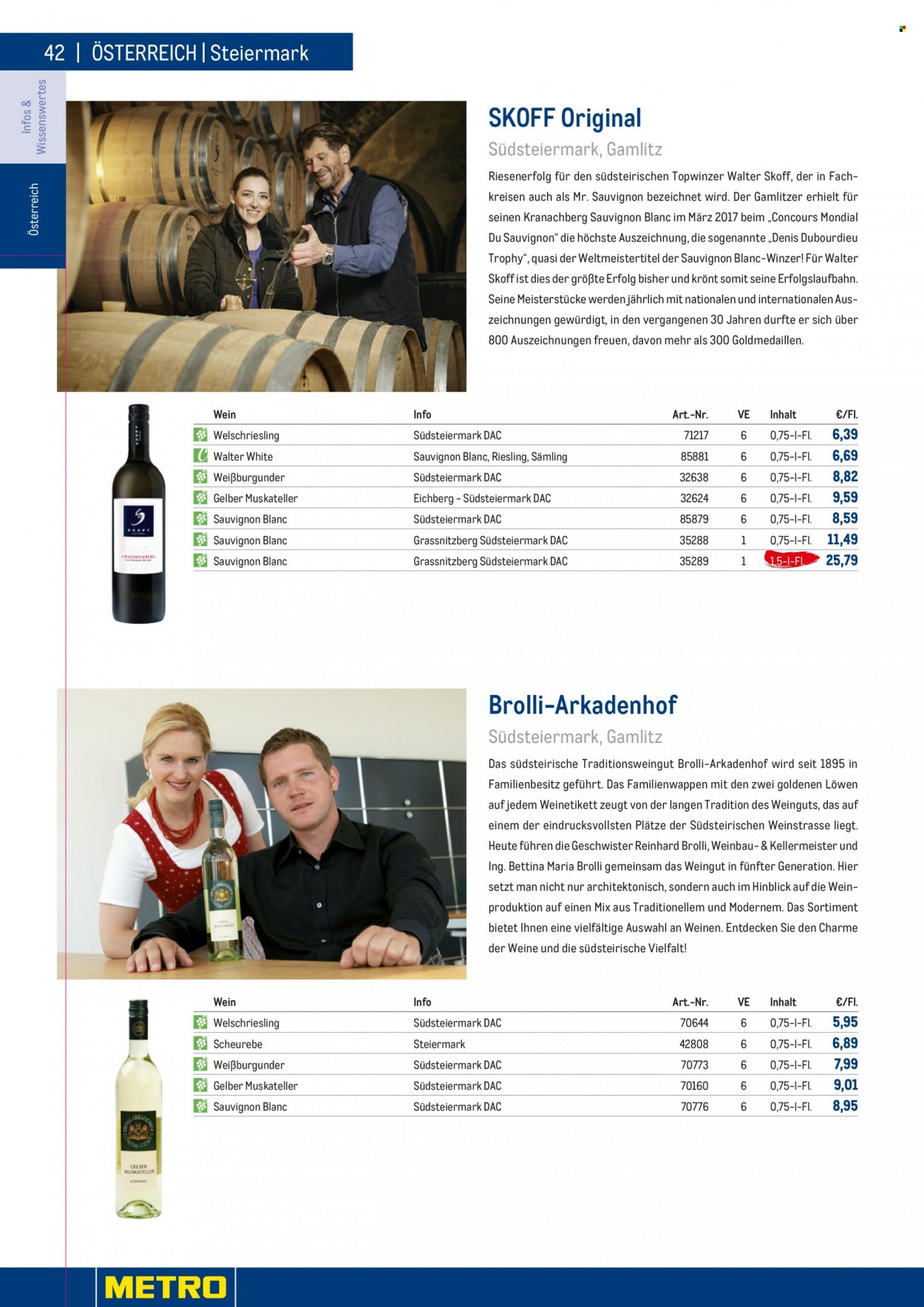 Angebote Metro - 7.9.2022 - 30.4.2023 - Verkaufsprodukte - Wein, Riesling, Weißwein, Alkohol, Sauvignon Blanc, Welschriesling, Gelber Muskateller, Weißburgunder. Seite 42.