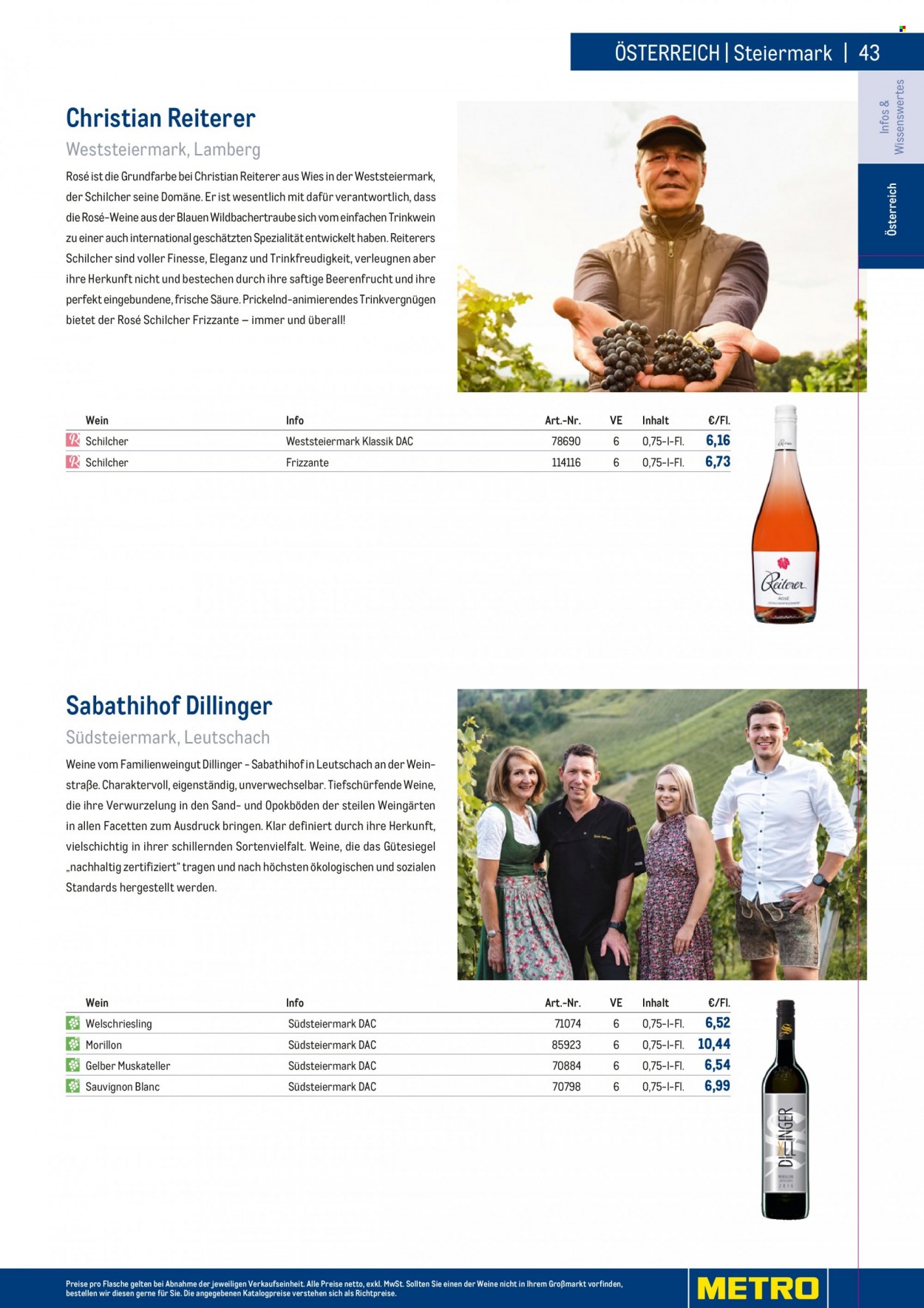Angebote Metro - 7.9.2022 - 30.4.2023 - Verkaufsprodukte - Wein, Weißwein, Alkohol, Sauvignon Blanc, Frizzante, Welschriesling, Gelber Muskateller. Seite 43.