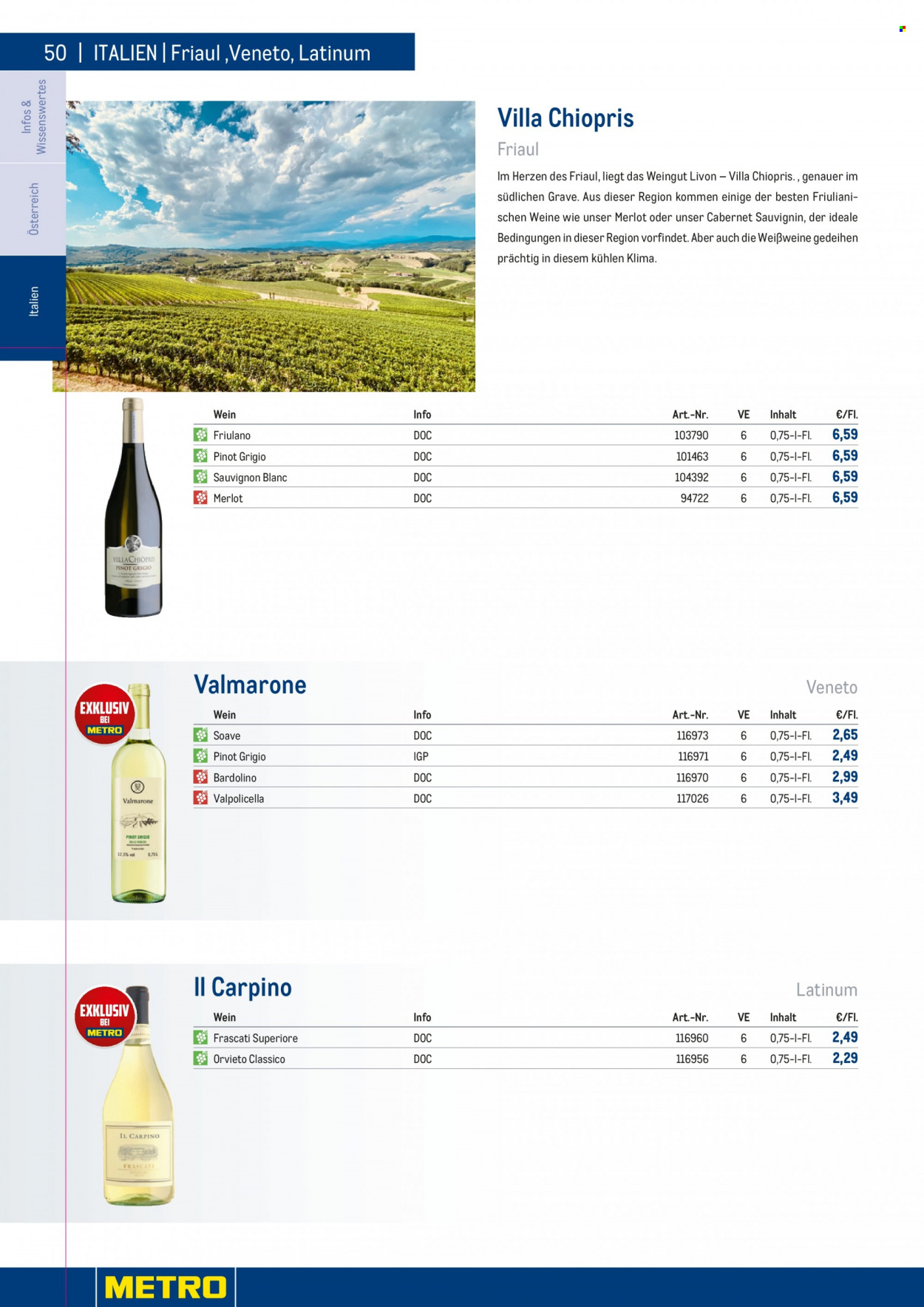 Angebote Metro - 7.9.2022 - 30.4.2023 - Verkaufsprodukte - Wein, Valpolicella, Merlot, Weißwein, Alkohol, Sauvignon Blanc, Grauburgunder. Seite 50.