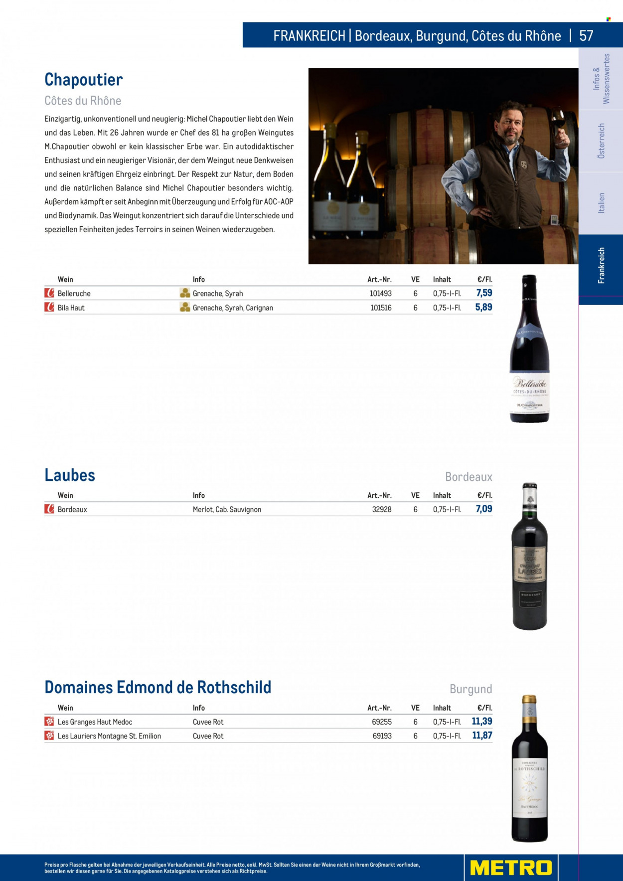 Angebote Metro - 7.9.2022 - 30.4.2023 - Verkaufsprodukte - Wein, Merlot, Alkohol, AOC. Seite 57.