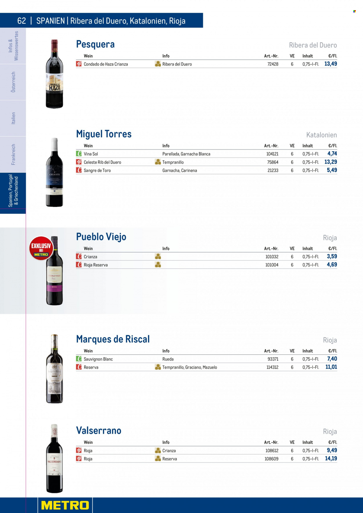 Angebote Metro - 7.9.2022 - 30.4.2023 - Verkaufsprodukte - Wein, Rioja, Weißwein, Tempranillo, Alkohol, Sauvignon Blanc. Seite 62.