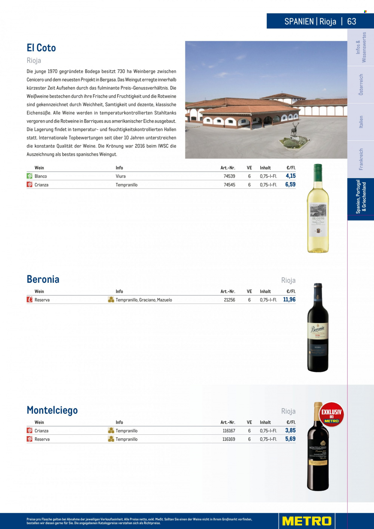 Angebote Metro - 7.9.2022 - 30.4.2023 - Verkaufsprodukte - Wein, Rioja, Tempranillo, Alkohol. Seite 63.