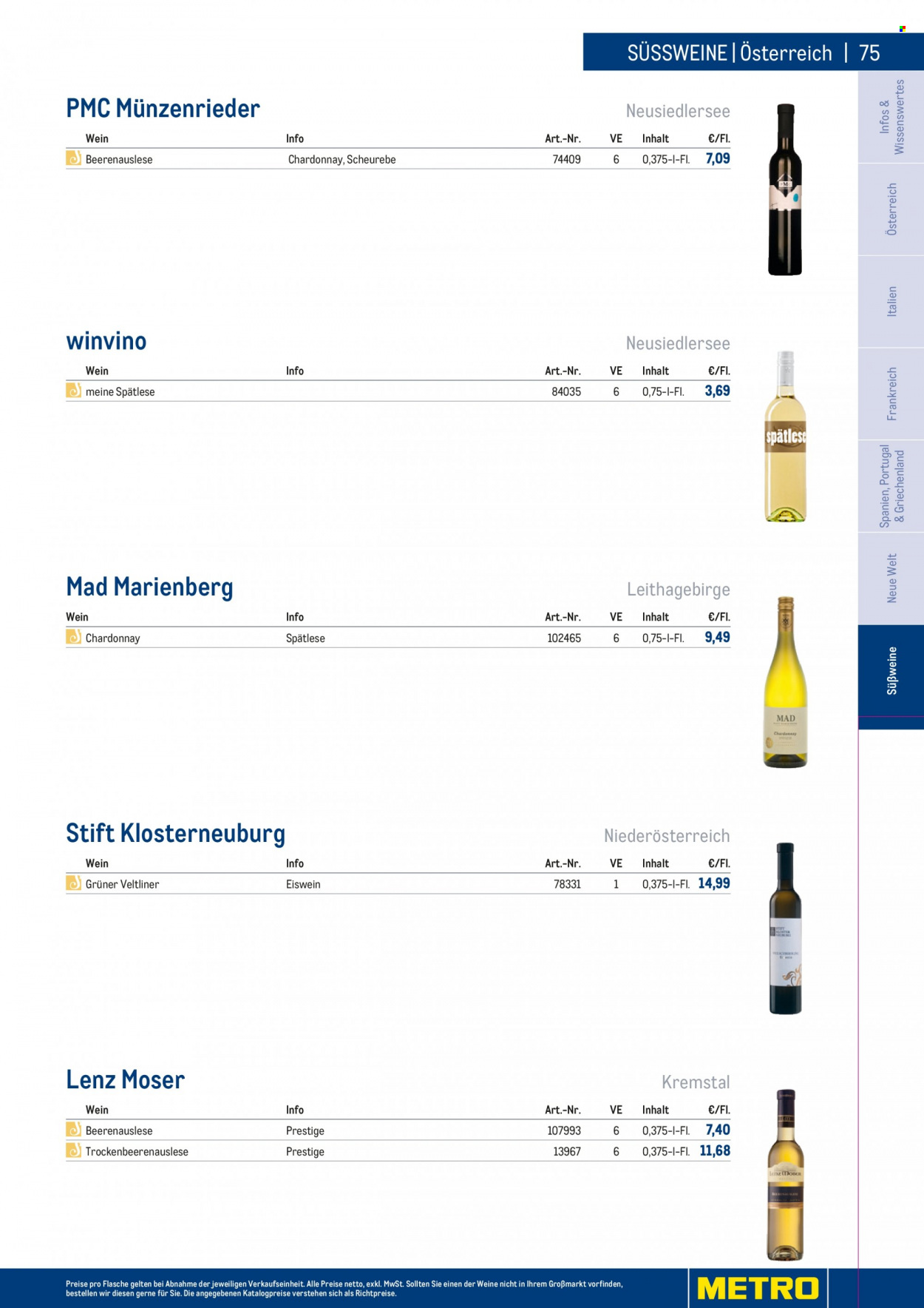 Angebote Metro - 7.9.2022 - 30.4.2023 - Verkaufsprodukte - Wein, Chardonnay, Weißwein, Lenz Moser, Grüner Veltliner, Alkohol. Seite 75.