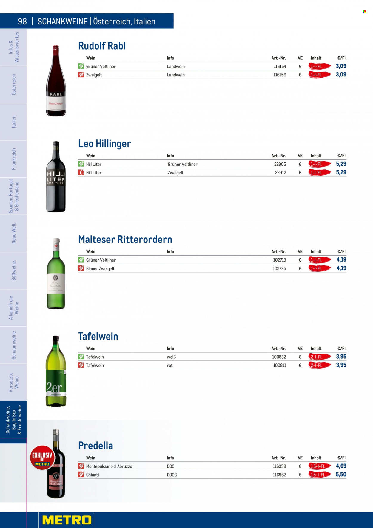 Angebote Metro - 7.9.2022 - 30.4.2023 - Verkaufsprodukte - Wein, Chianti, Montepulciano, Weißwein, Zweigelt, Grüner Veltliner, Alkohol. Seite 98.