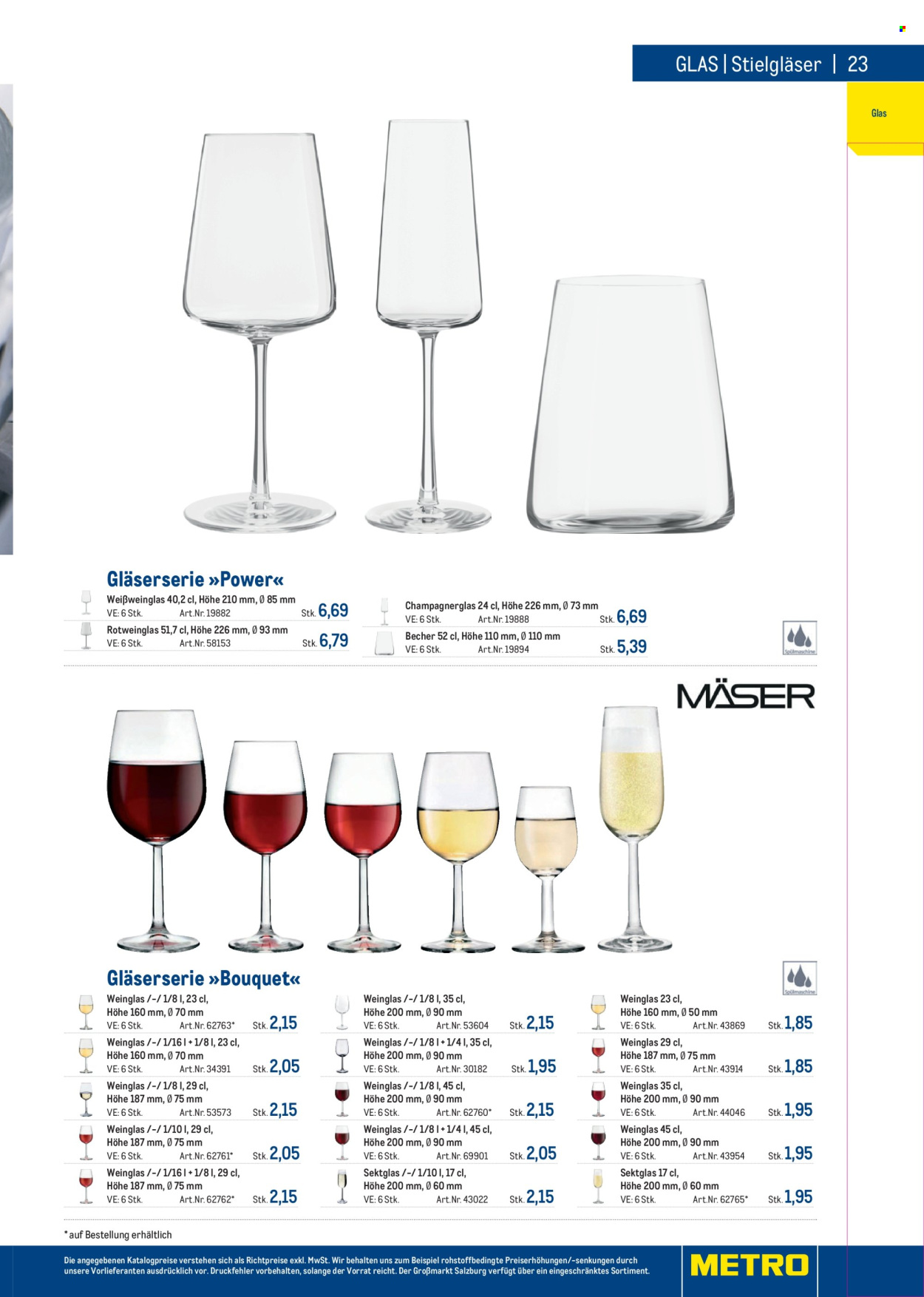 Angebote Metro - Verkaufsprodukte - Becher, Weißweinglas, Champagnerglas, Gläser. Seite 23.