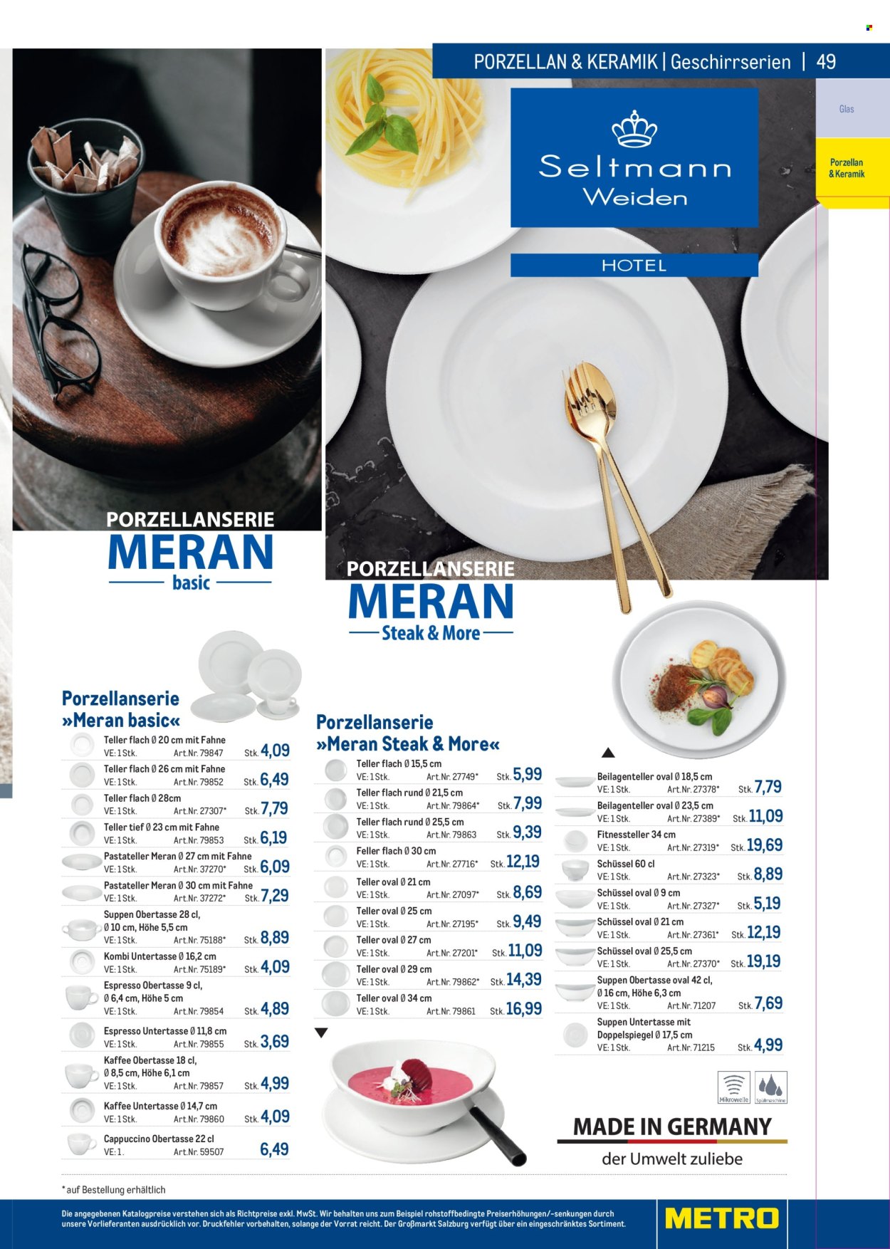 Angebote Metro - Verkaufsprodukte - Steak, Geschirrspüler, Cappuccino, Teller, Schüssel. Seite 49.