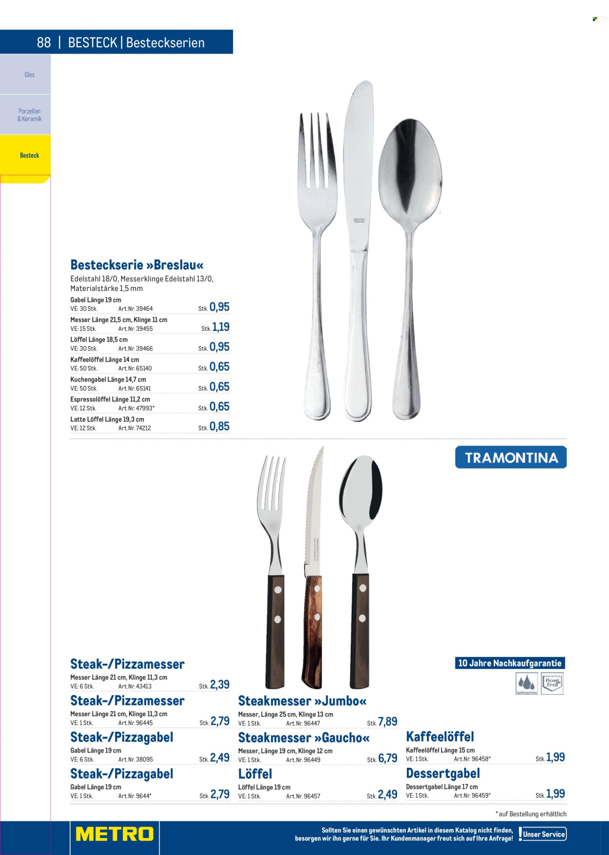Angebote Metro - Verkaufsprodukte - Steak, Besteck, Messer, Löffel. Seite 88.