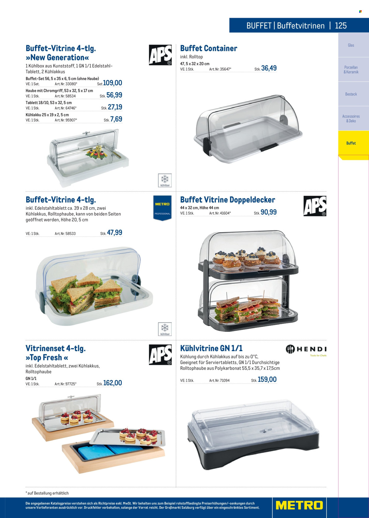 Angebote Metro - Verkaufsprodukte - Container, Kühlbox, Kühlakkus, Besteck, Tablett, Vitrine. Seite 125.