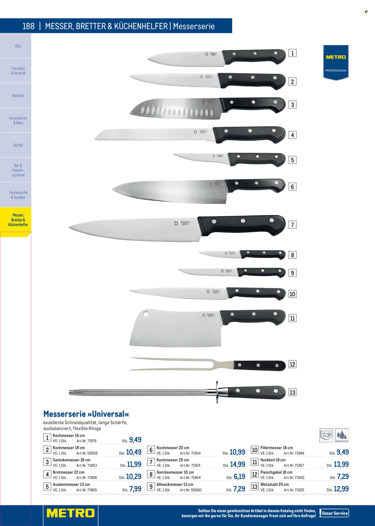 Angebote Metro - Verkaufsprodukte - Besteck, Messer, Küchenhelfer, Tischwäsche. Seite 188.