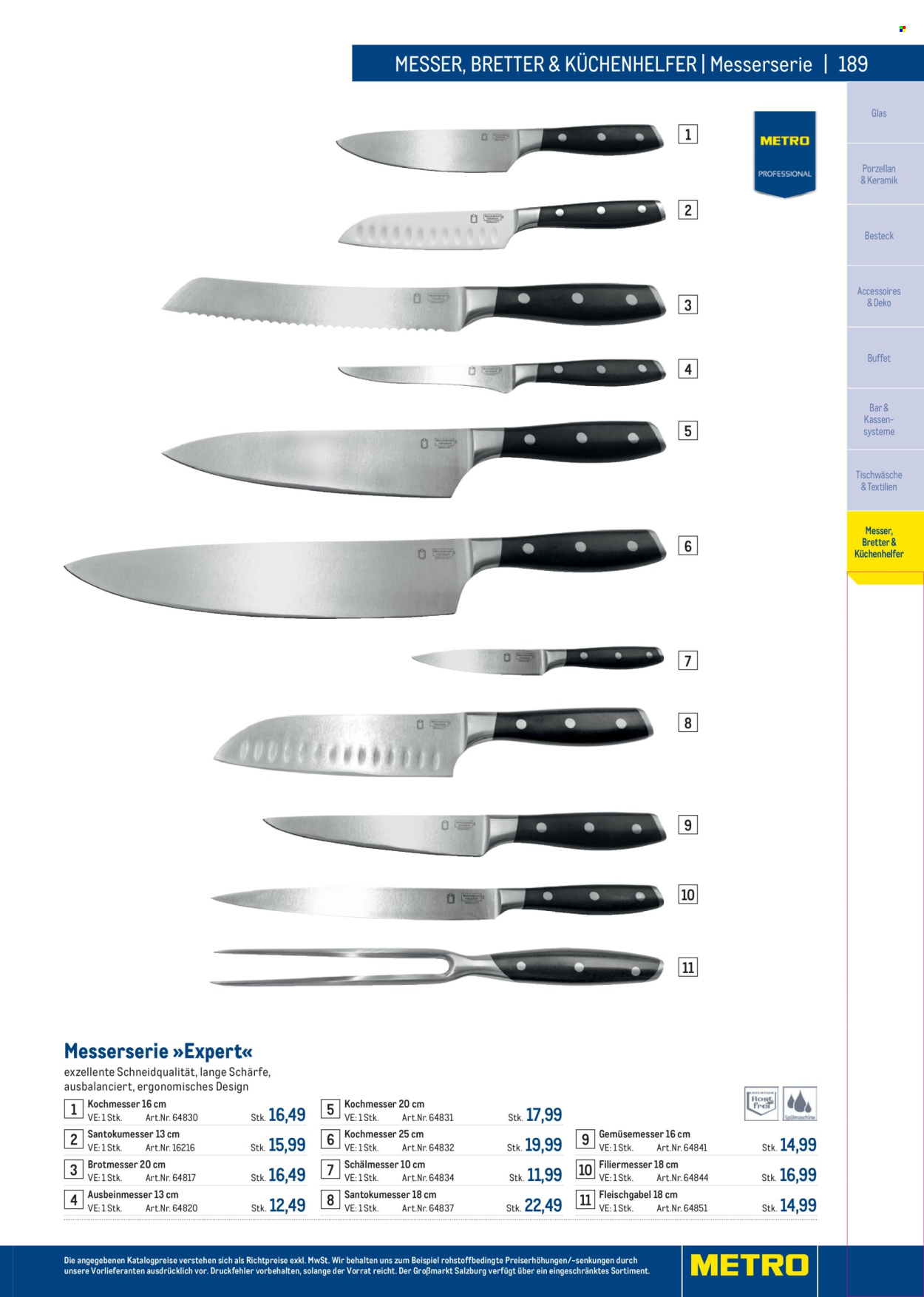 Angebote Metro - Verkaufsprodukte - Besteck, Messer, Küchenhelfer, Tischwäsche. Seite 189.