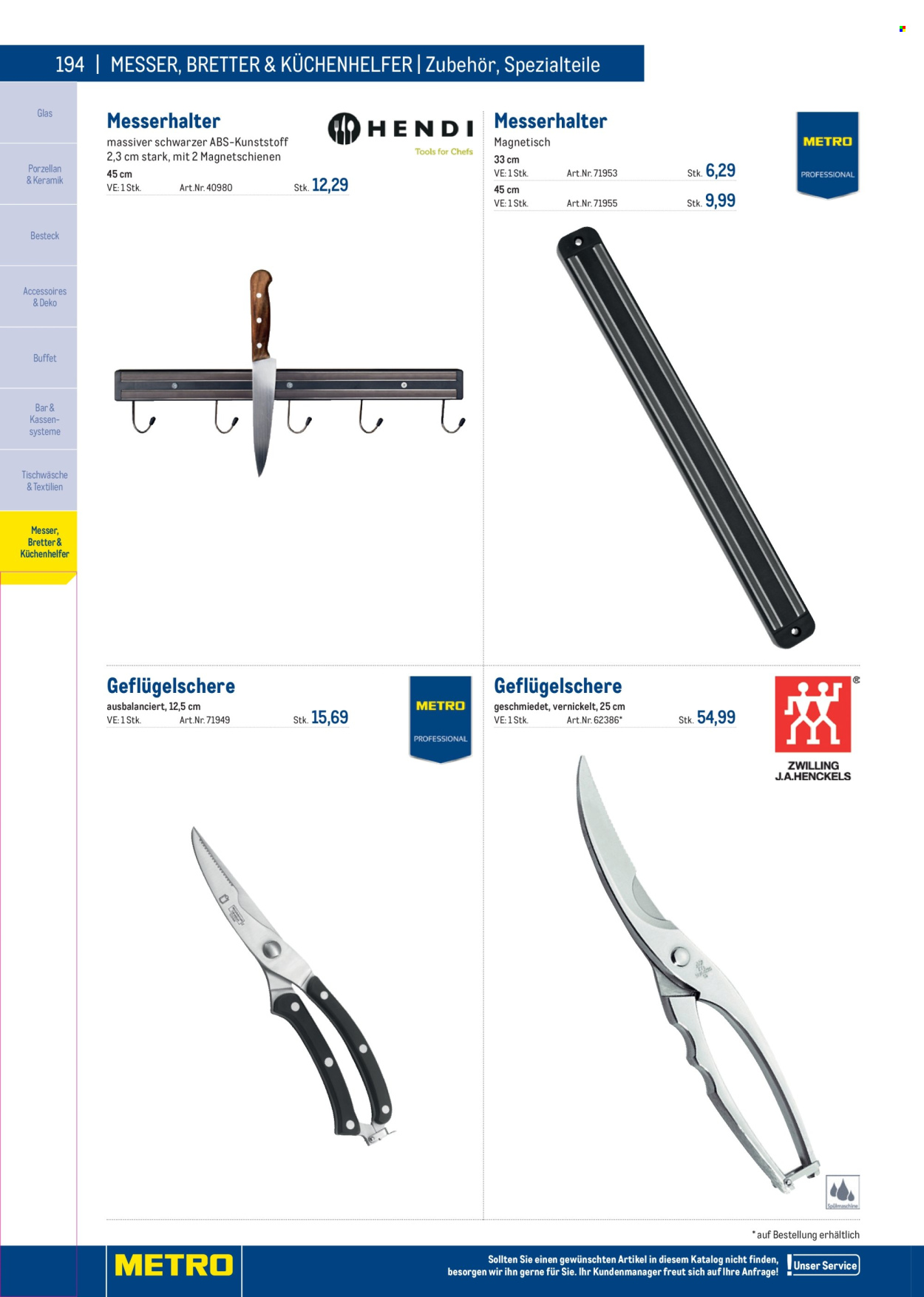 Angebote Metro - Verkaufsprodukte - Besteck, Messer, Küchenhelfer, Tischwäsche. Seite 194.