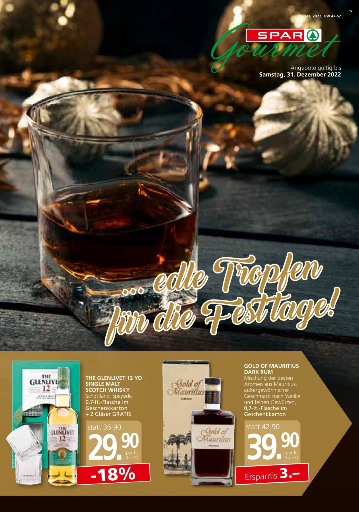Angebote SPAR - 24.11.2022 - 31.12.2022 - Verkaufsprodukte - Yo, Alkohol, Whiskey, Single Malt, Scotch Whisky, Rum, Gläser. Seite 1.