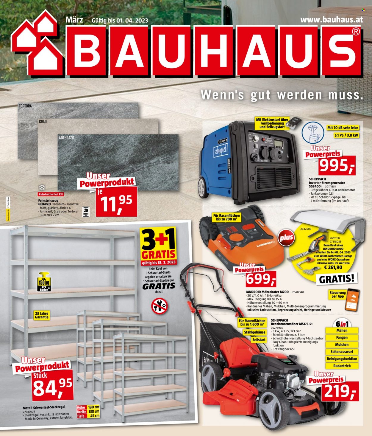 Angebote Bauhaus - 1.3.2023 - 1.4.2023 - Verkaufsprodukte - Feinsteinzeug, Rasenmäher, Grasschere, Mähroboter. Seite 1.