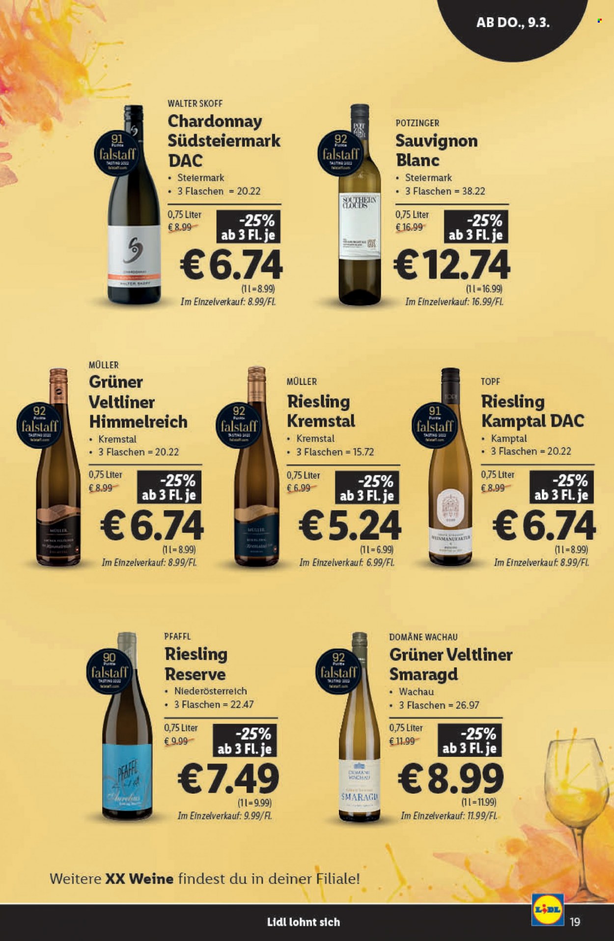 Angebote Lidl - 1.3.2023 - 30.12.2023 - Verkaufsprodukte - Chardonnay, Sauvignon Blanc, Müller, Riesling, Alkohol, Grüner Veltliner, Wein, Weißwein. Seite 19.