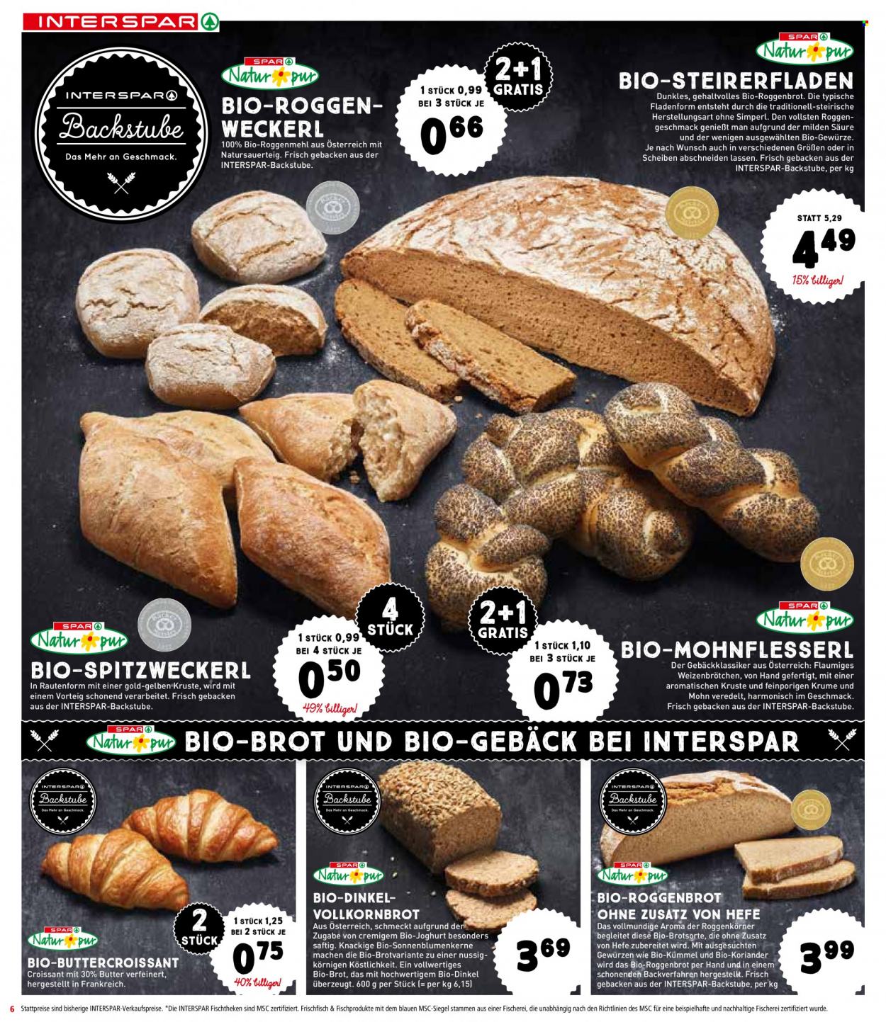 Angebote INTERSPAR - 16.3.2023 - 29.3.2023 - Verkaufsprodukte - Brot, Weizenbrötchen, Vollkornbrot, Weckerl, Mohnbrötchen, Roggenbrot, Croissant, Joghurt, Bio-Joghurt, Koriander, Sonnenblumenkerne. Seite 6.