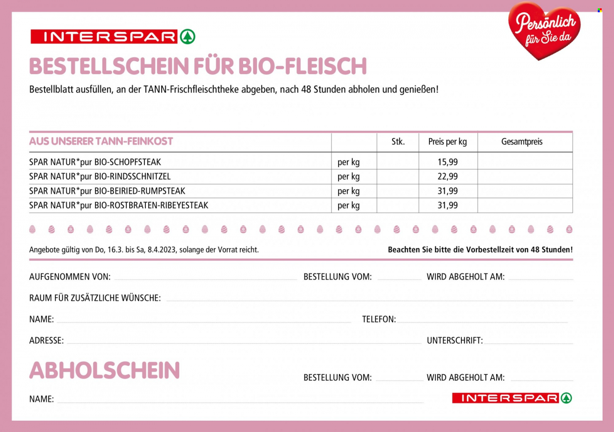Angebote INTERSPAR - 16.3.2023 - 8.4.2023 - Verkaufsprodukte - Schnitzel, Rumpsteak, Rib-eye Steak, Rindfleisch, Rindsschnitzel, Schweinefleisch, Nackensteak. Seite 8.