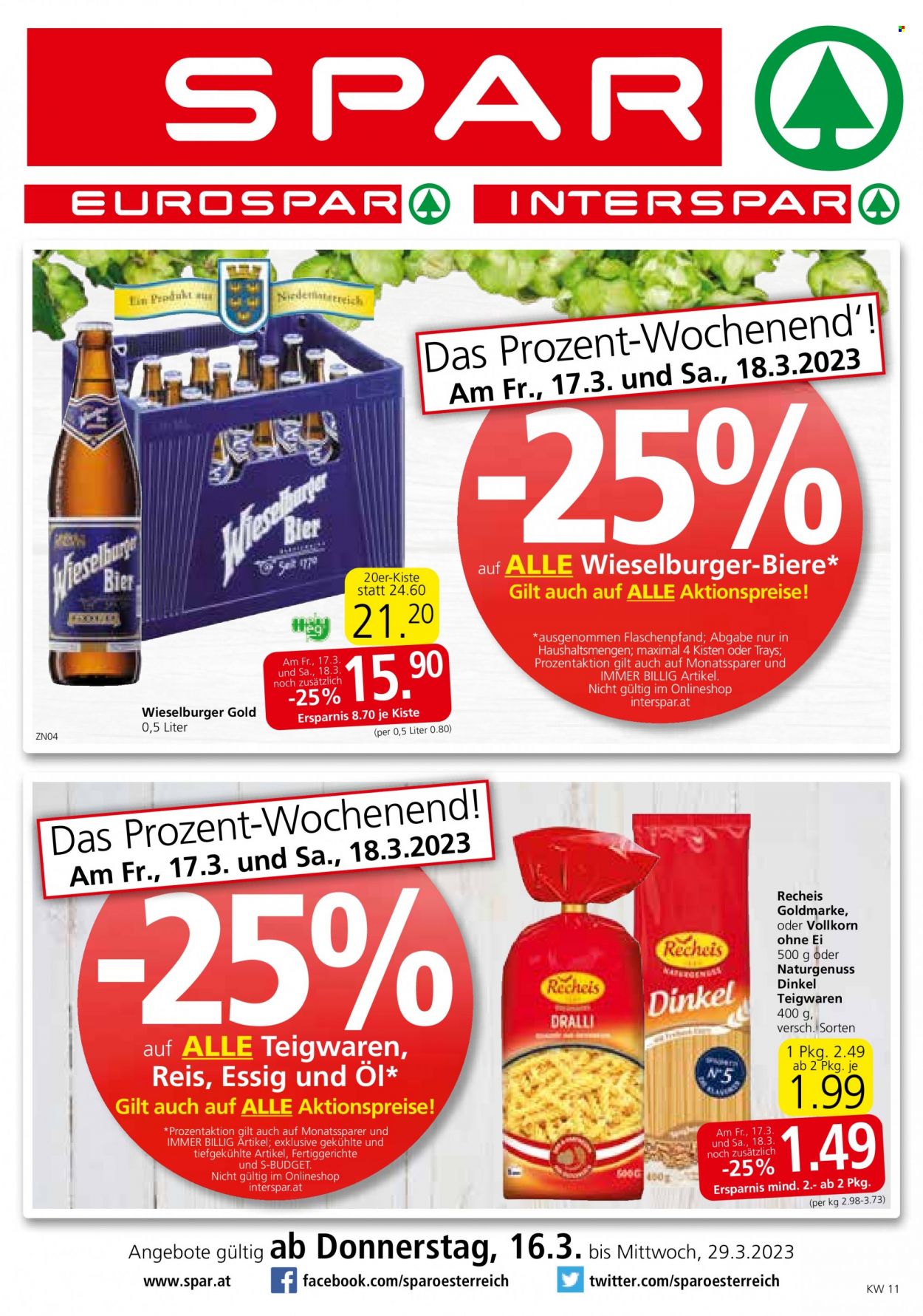 Angebote SPAR - 16.3.2023 - 29.3.2023 - Verkaufsprodukte - S-BUDGET, fertiges Essen, Reis, Teigwaren, Recheis, Wieselburger Gold, Alkohol, Bier, Wieselburger. Seite 1.