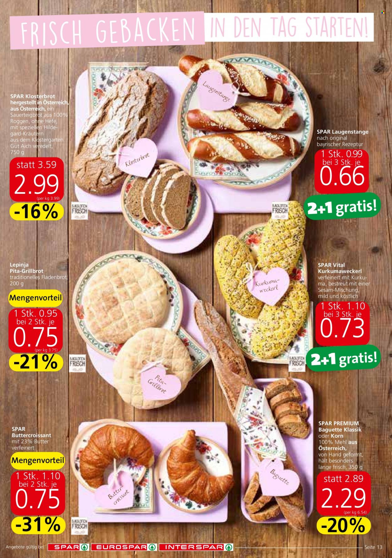 Angebote SPAR - 16.3.2023 - 29.3.2023 - Verkaufsprodukte - Baguette, Brot, Weckerl, Grillbrot, Fladenbrot, salzig Gebäck, Laugenstange, Croissant. Seite 13.