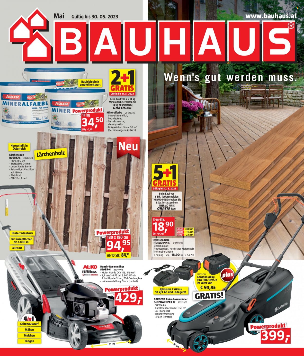 Angebote Bauhaus - 3.5.2023 - 30.5.2023 - Verkaufsprodukte - Batterieladegerät, Innenfarbe, Terrassendielen, Rasenmäher, Akku-Rasenmäher. Seite 1.