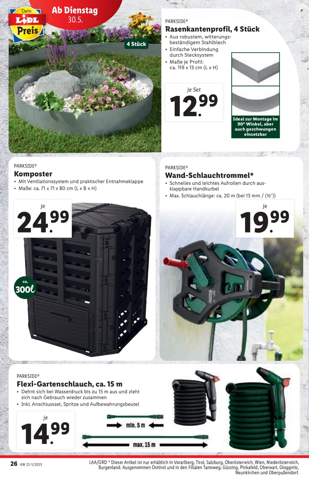 Angebote Lidl - 25.5.2023 - 31.5.2023 - Verkaufsprodukte - Parkside, Komposter, Gartenschlauch. Seite 26.