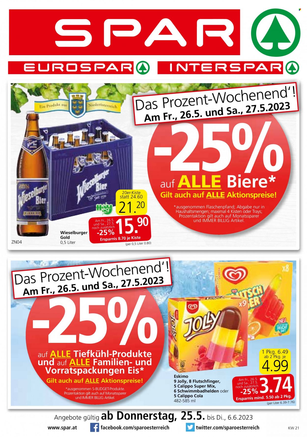 Angebote SPAR - 25.5.2023 - 6.6.2023 - Verkaufsprodukte - S-BUDGET, Eis, Eskimo, Cola, Wieselburger Gold, Alkohol, Bier, Wieselburger. Seite 1.