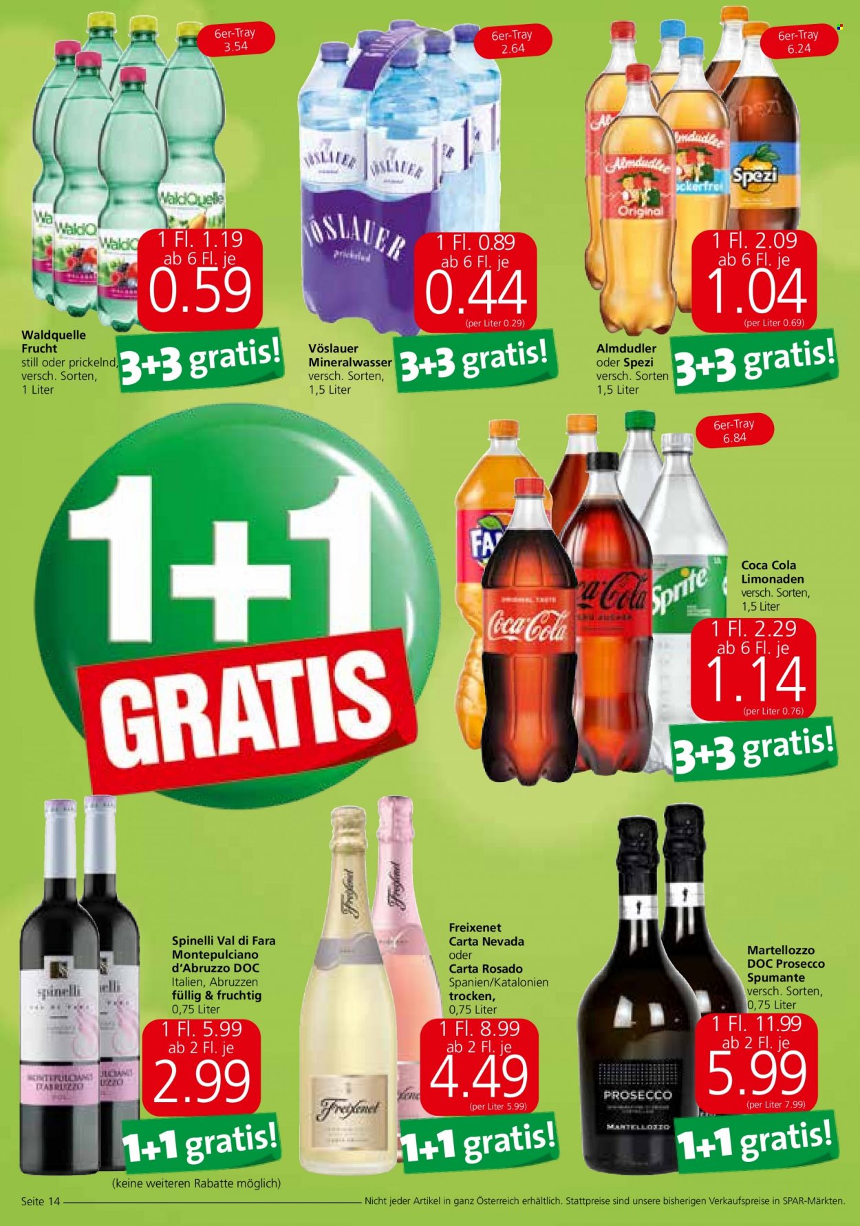 Angebote SPAR - 25.5.2023 - 6.6.2023 - Verkaufsprodukte - Almdudler, Spezi, Coca-Cola, Cola, Getränk, Limonade. Seite 14.