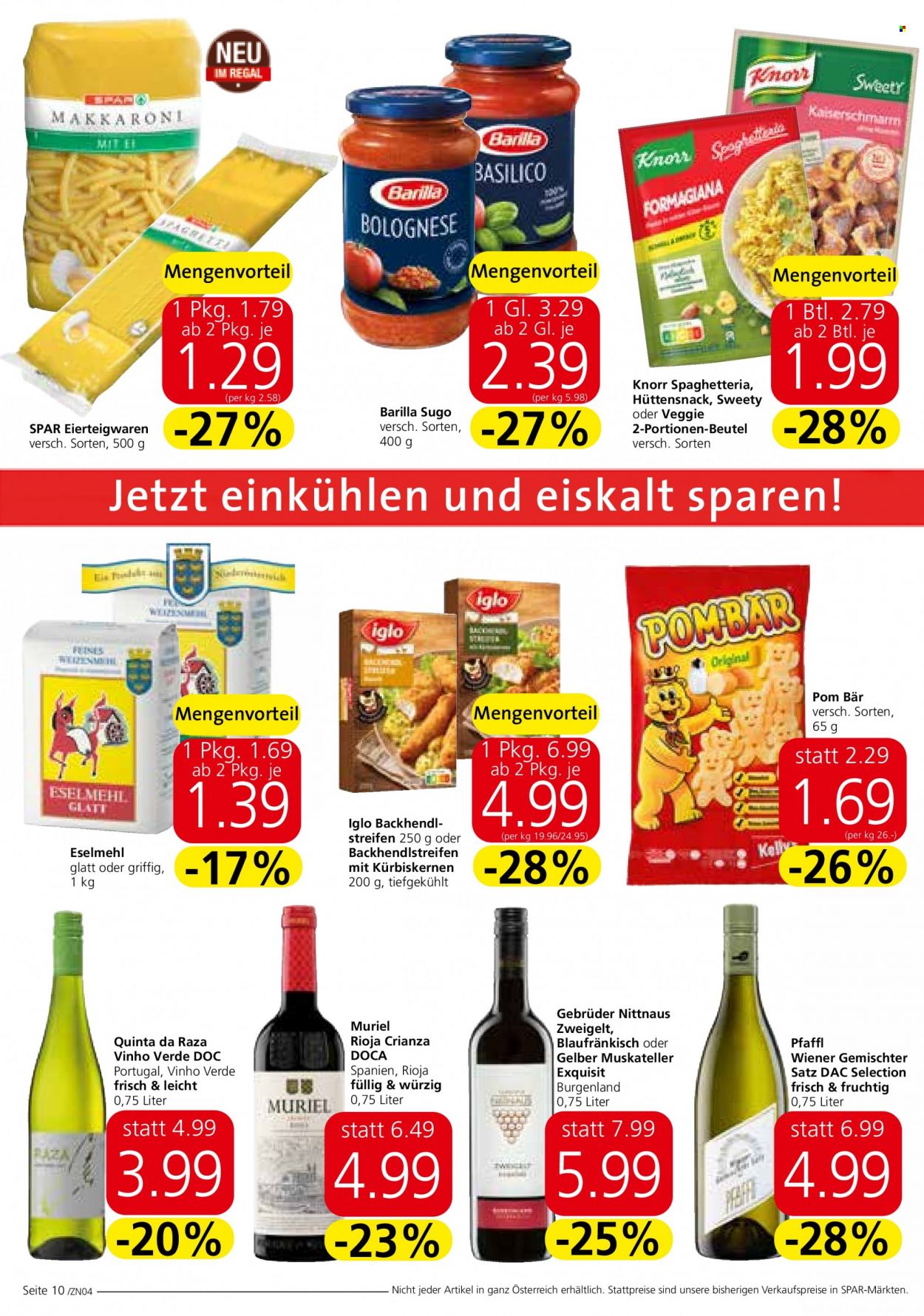 Angebote INTERSPAR - 25.5.2023 - 6.6.2023 - Verkaufsprodukte - Knorr, iglo, Pom-Bär, Barilla, Teigwaren, Sugo, Alkohol, Gemischter Satz, Wein. Seite 10.