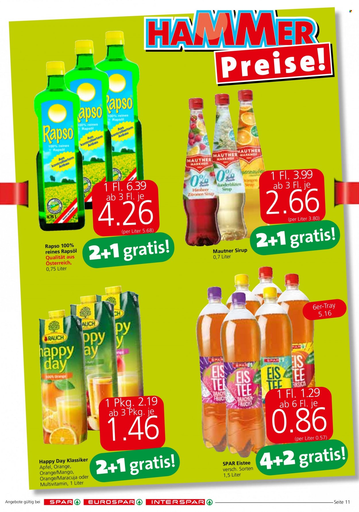 Angebote INTERSPAR - 25.5.2023 - 6.6.2023 - Verkaufsprodukte - Äpfel, Mautner, Eis, Rapsöl, Öl, Eistee, Happy Day, Sirup. Seite 11.