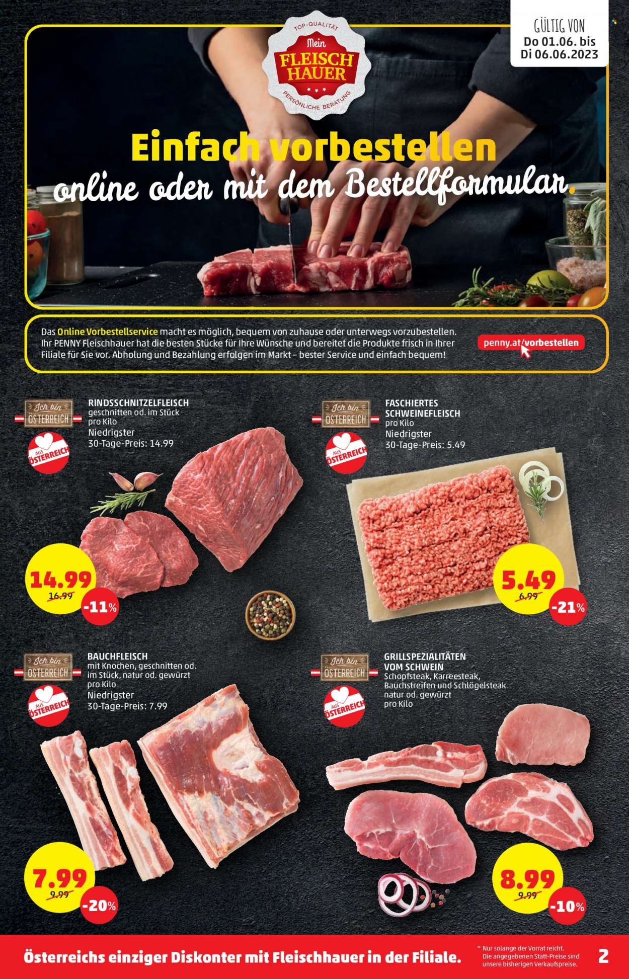 Angebote Penny - 1.6.2023 - 6.6.2023 - Verkaufsprodukte - Hackfleisch, Schweinehackfleisch, Nackensteak, Schweinefleisch, Steak. Seite 2.