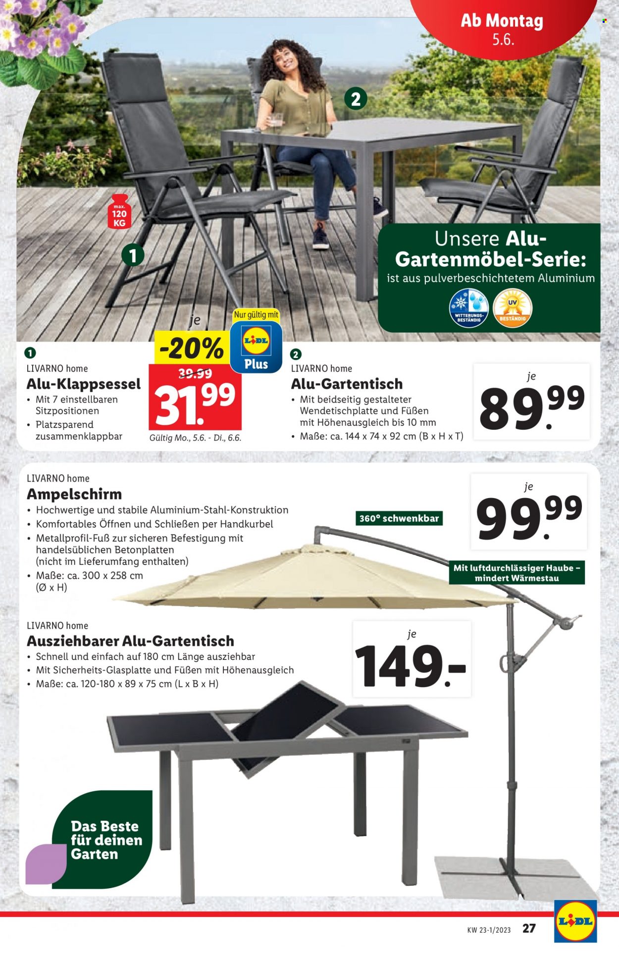 Angebote Lidl - 1.6.2023 - 6.6.2023 - Verkaufsprodukte - Gartenmöbel, Gartentisch, Tisch. Seite 29.