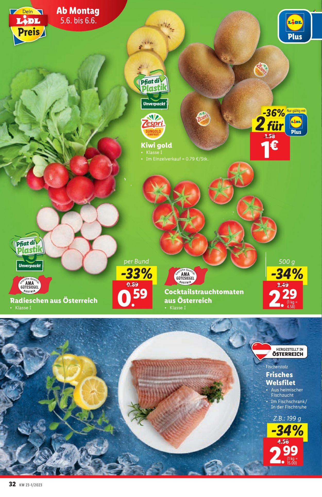 Angebote Lidl - 1.6.2023 - 6.6.2023 - Verkaufsprodukte - Kiwi, Kiwi Gold, Tomaten, Cherry-Tomaten, Radieschen, Wels. Seite 34.