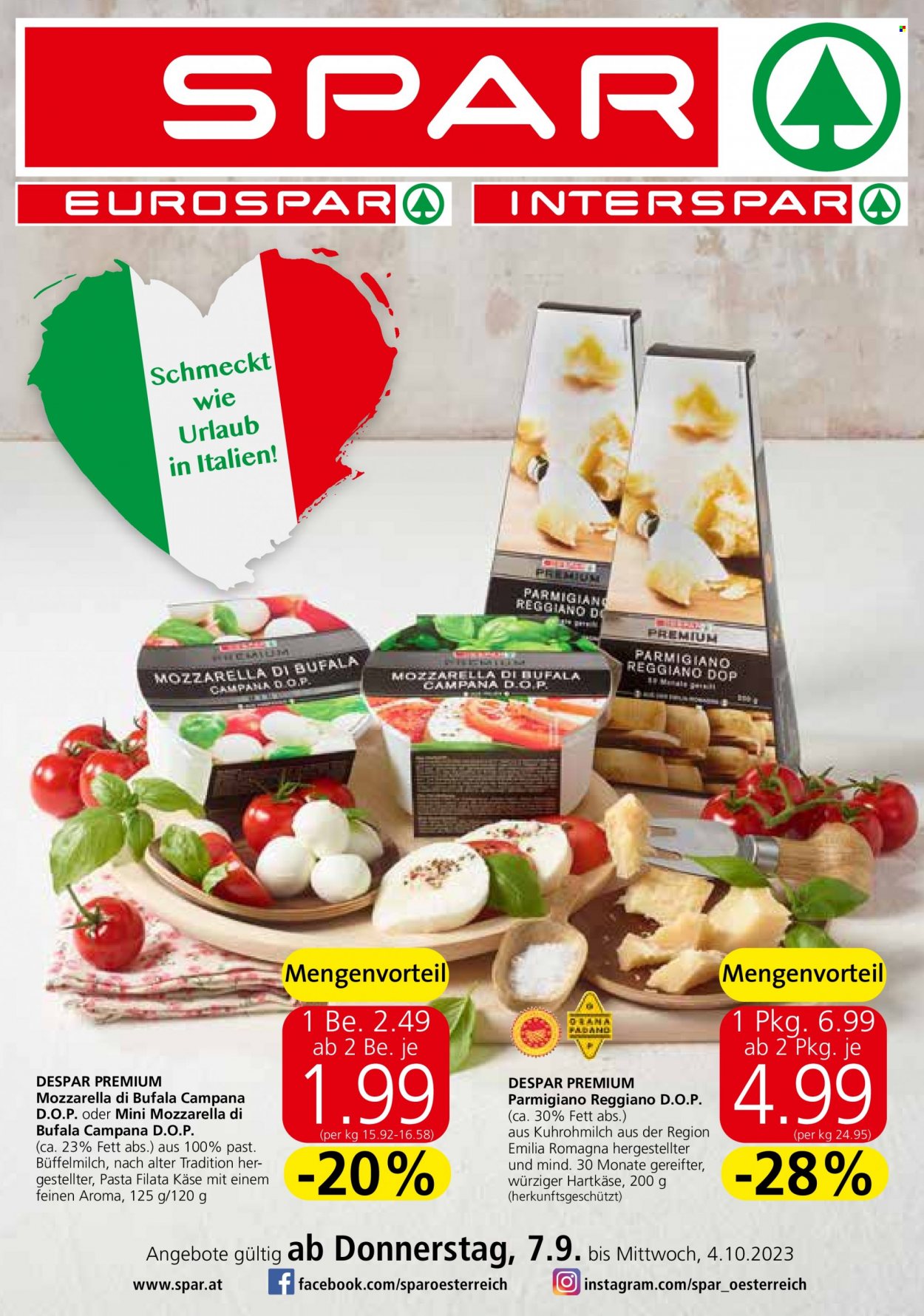 Angebote SPAR - 7.9.2023 - 4.10.2023 - Verkaufsprodukte - Käse, Mozzarella, Parmigiano Reggiano, Hartkäse. Seite 1.