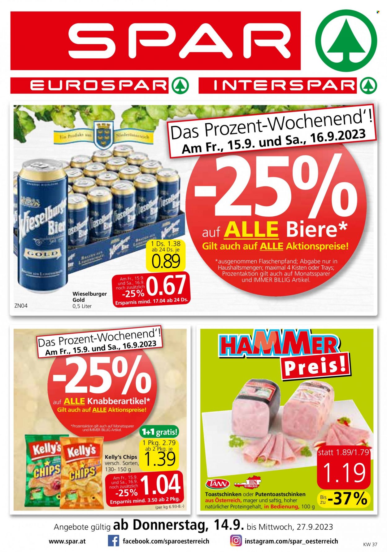 Angebote SPAR - 14.9.2023 - 27.9.2023 - Verkaufsprodukte - Schinken, Toastschinken, Chips, Kelly‘s, Wieselburger Gold, Alkohol, Bier, Wieselburger. Seite 1.