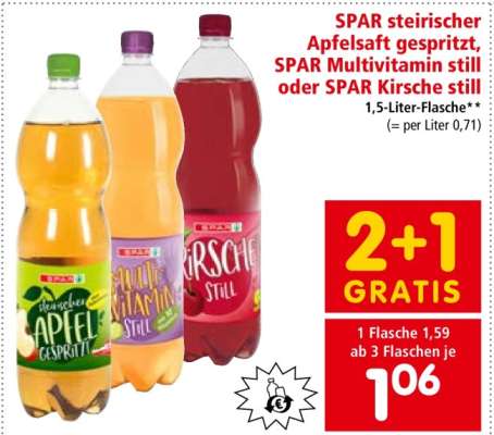 SPAR steirischer Apfelsaft gespritzt, SPAR Multivitamin still oder SPAR Kirsche still