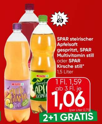 SPAR steirischer Apfelsaft gespritzt, SPAR Multivitamin still oder SPAR Kirsche still