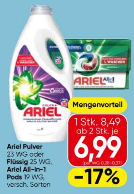 Ariel Pulver 23 WG oder Flüssig 25 WG, Ariel All-in-1 Pods 19 WG, versch. Sorten