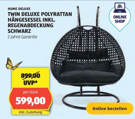 TWIN DELUXE POLYRATTAN HÄNGESESSEL INKL. REGENABDECKUNG SCHWARZ