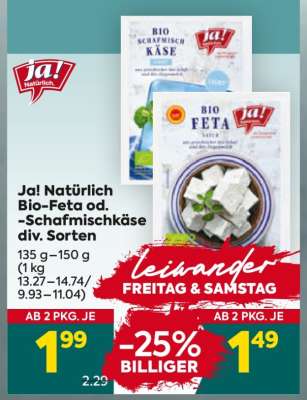Ja! Natürlich Bio-Feta od. -Schafmischkäse div. Sorten